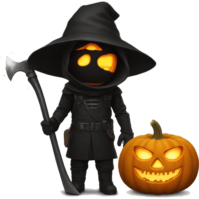 Human pumpkin hunter with a scythe, glowing pumpkin eyes inside a black helmet, Halloween theme, emoji" emoji