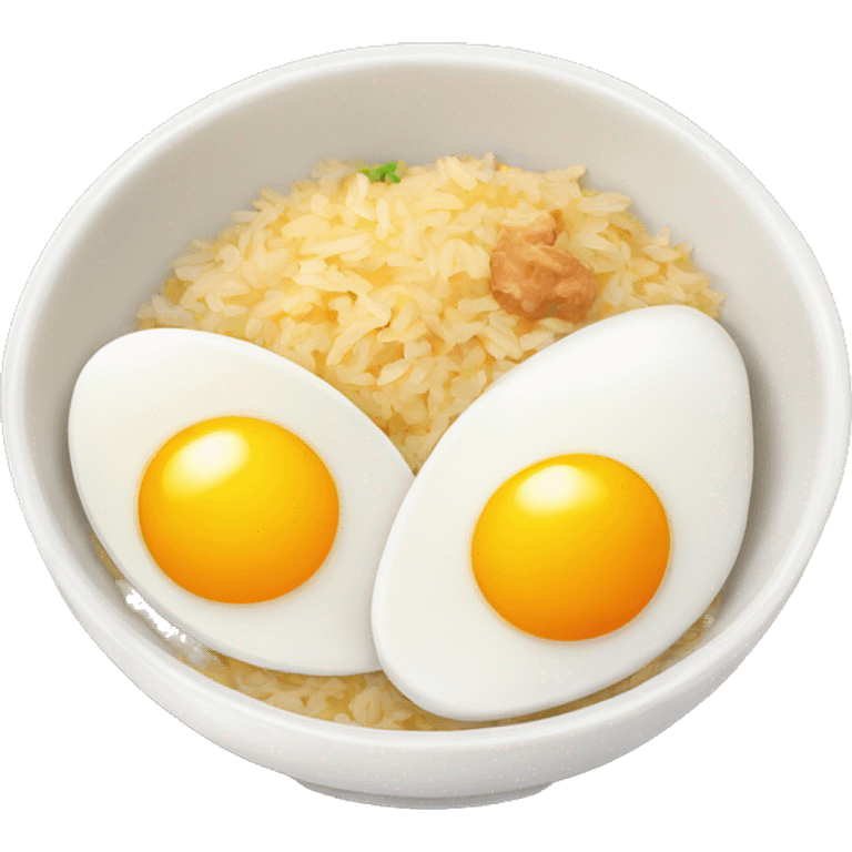 a bowl of rice with two eggs and two chicken emoji