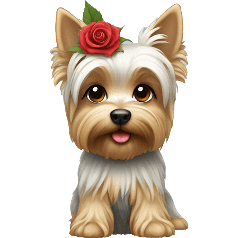 White yorkie holding a rose emoji