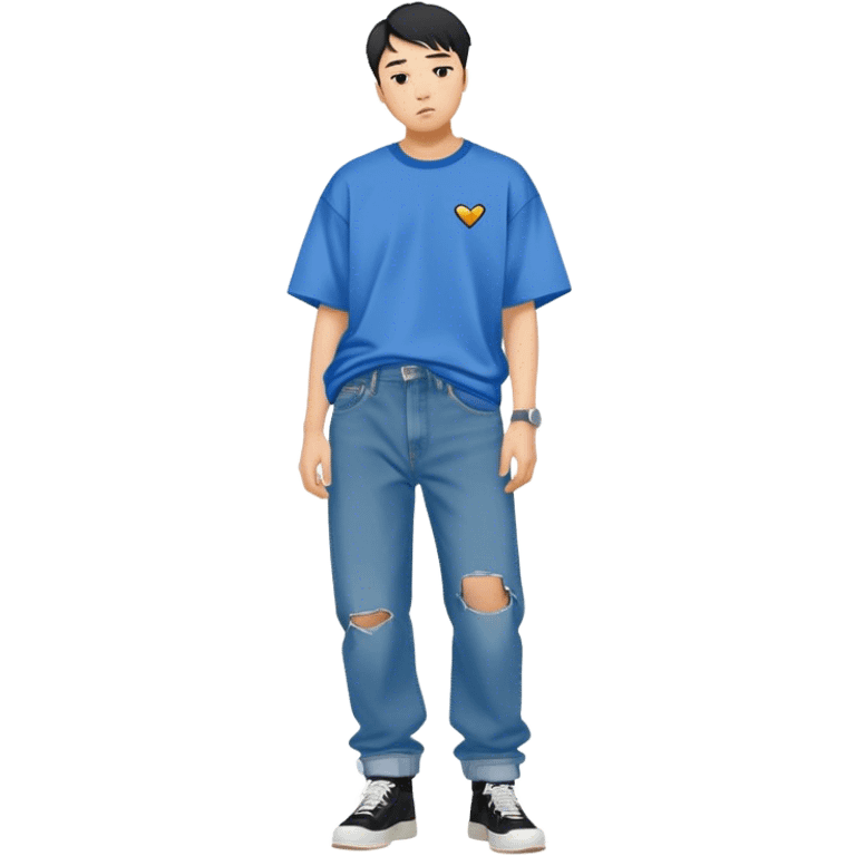 asian guy wearing shirt that says vetements with blue jeans baggy,   emoji