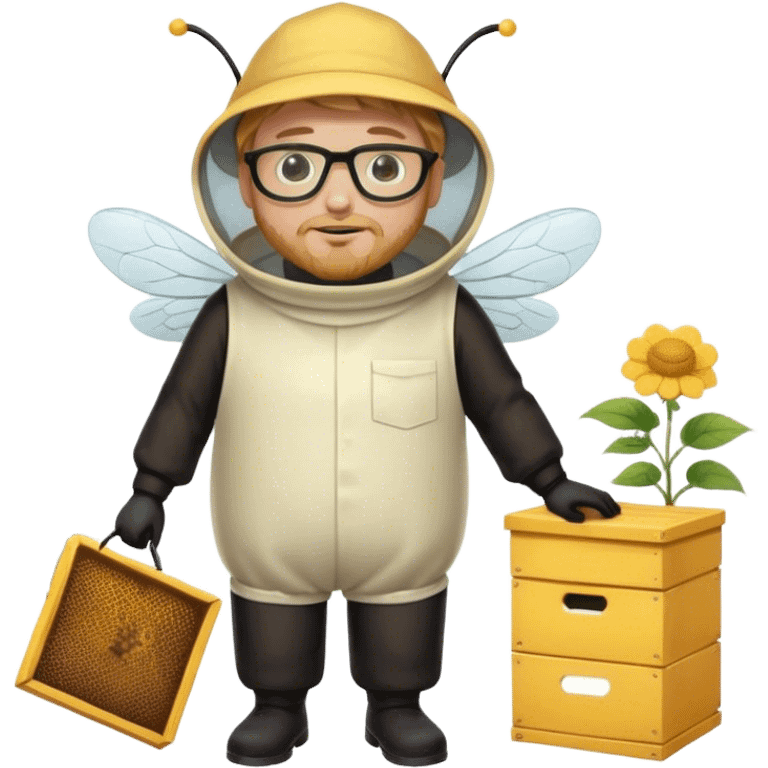 full body medium plus size male bee keeper in yellow and black with short light strawberry blonde hair and goatee wearing glasses with bee keeper hat emoji