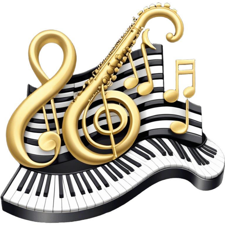 Create an elegant and festive emoji collage representing keyboard instruments, styled like a heraldic emblem. The design should feature a central focal point of black and white piano keys, arranged in a semi-circular or shield-like shape. Around the piano keys, add intertwining musical notes that form flowing ribbons, creating a dynamic and celebratory atmosphere. The design should be professional, with polished silver and gold accents on the keys and notes, highlighting the luxury and sophistication of the instruments. Add subtle shading and lighting effects to give the design a refined, 3D appearance. The background should remain transparent, and the overall feel should evoke grandeur, artistry, and a sense of celebration. emoji