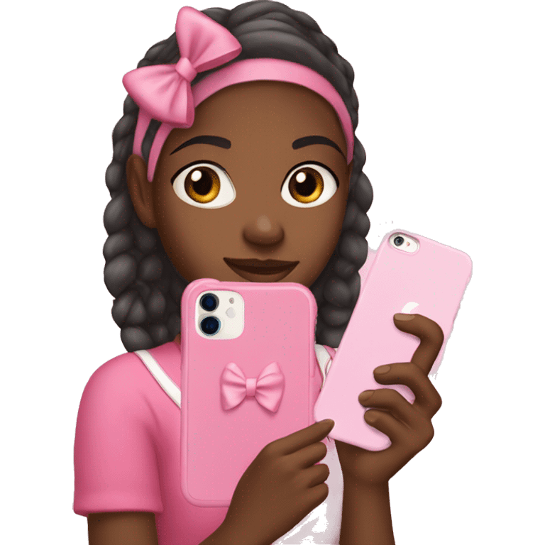 Girl holding a pink iPhone 15 with a pink bow phone case emoji