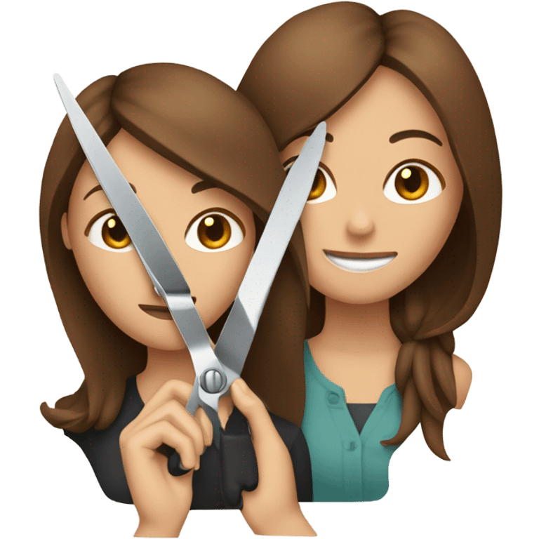 two women with brown hair holding a pair of scissors between them emoji