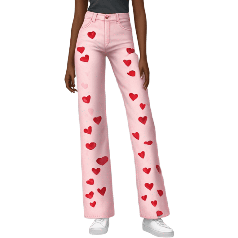 Realistic long Wide leg high waisted pink jeans with small red hearts print, isolated emoji