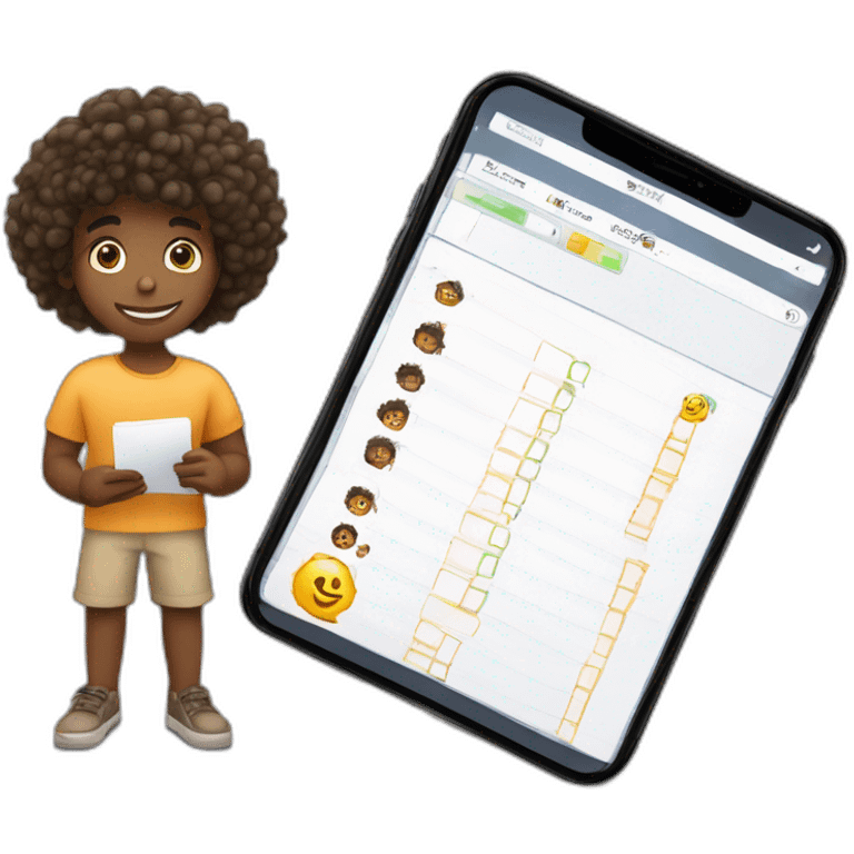 tanned/black boy with curly hairs doing checklist for developing mobile app (with ios device in a hand and the list in the another hand emoji