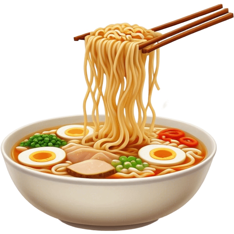 Cinematic Realistic Ramen Dish Emoji, showcasing a steaming bowl of rich broth with noodles and toppings rendered with dynamic textures and inviting, warm lighting. emoji