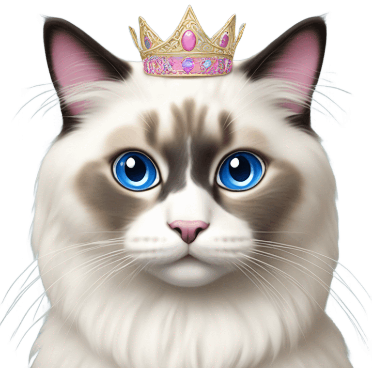 Realistic ragdoll cat with blue eyes and Dark markings wearing pink and gold tiara emoji