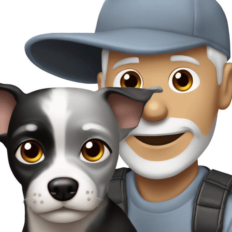 blue eyed gray haired gray goatee man in ball cap holding a black longhair chihuahua  emoji