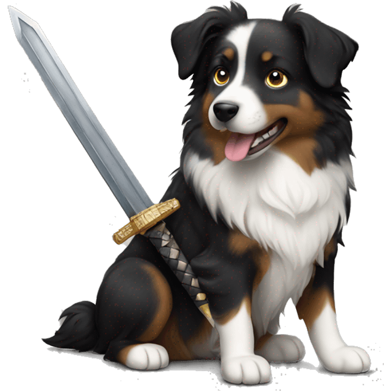 Small black australian shepherd dog with a sword emoji