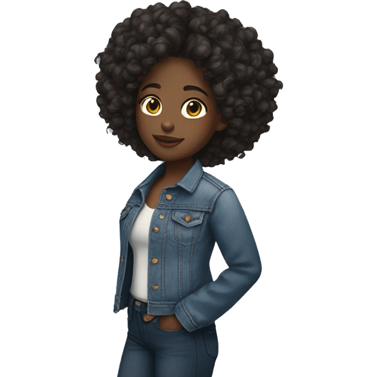 black girl in jean jacket with dark brown curly hair emoji