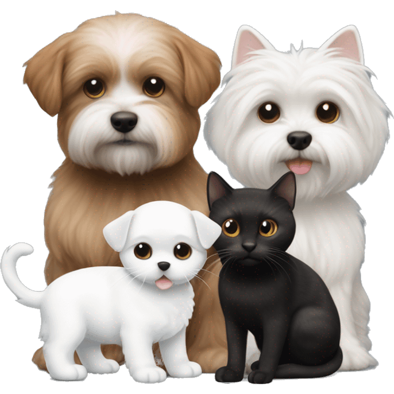 White bichon maltese playingi with one black cat and two brown fat squirels emoji