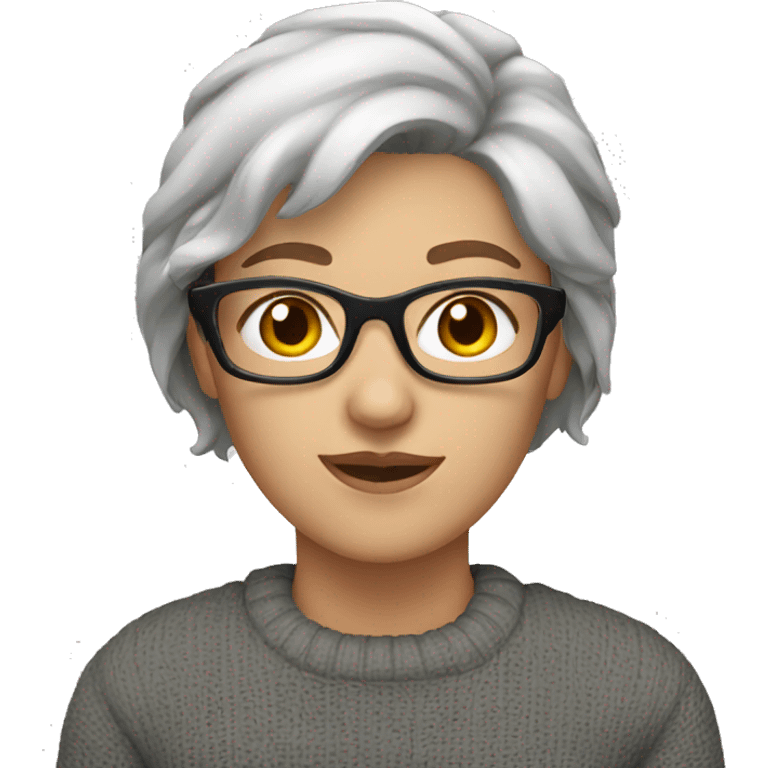 White woman, brown hair, gray sweater, glasses emoji