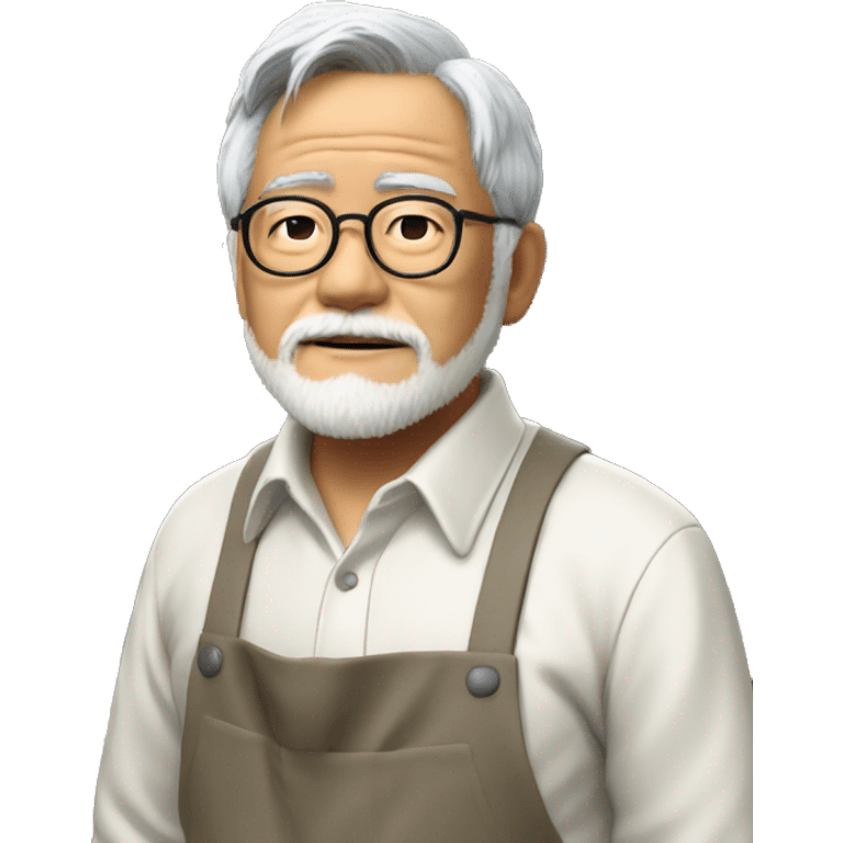 hayao miyazaki with his apron and hands in the pockets - realism emoji