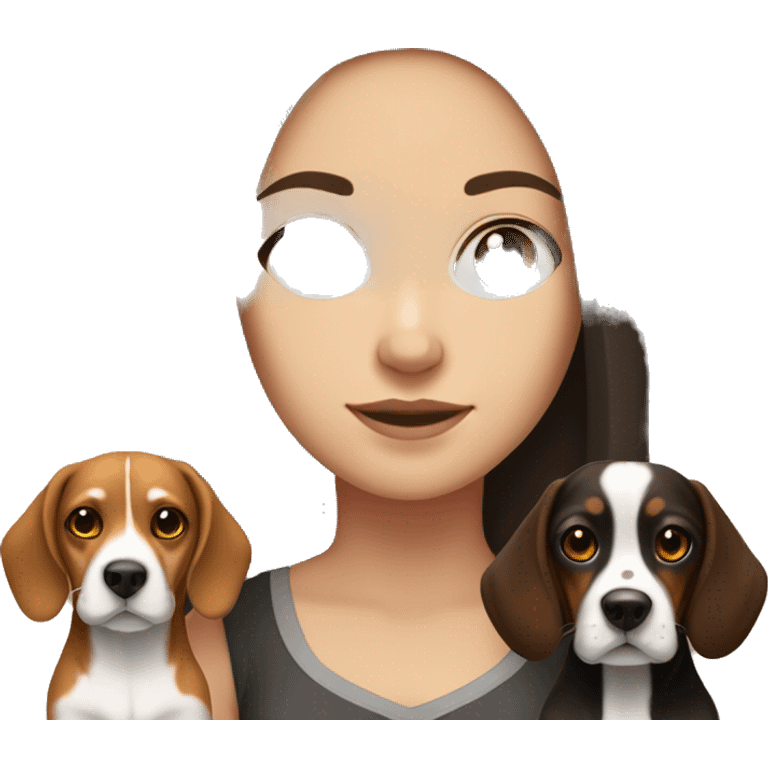 white girl with dark brown long hair, dark eyes, and a small beagle Dog with neakle red emoji