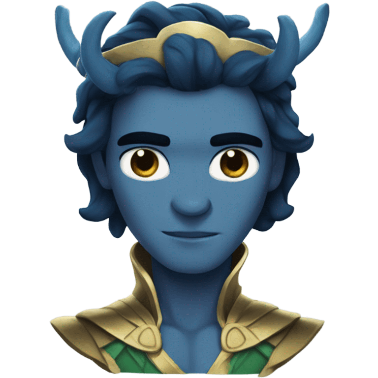 Loki (Tom Hiddleston) from Thor 1, with blue skin,darker blue veins, a horned gold  crown, and medium-length wavy black hair,blue eyes emoji