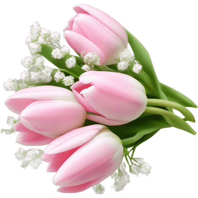 bouquet of light, pink tulips and babies breath ￼ emoji