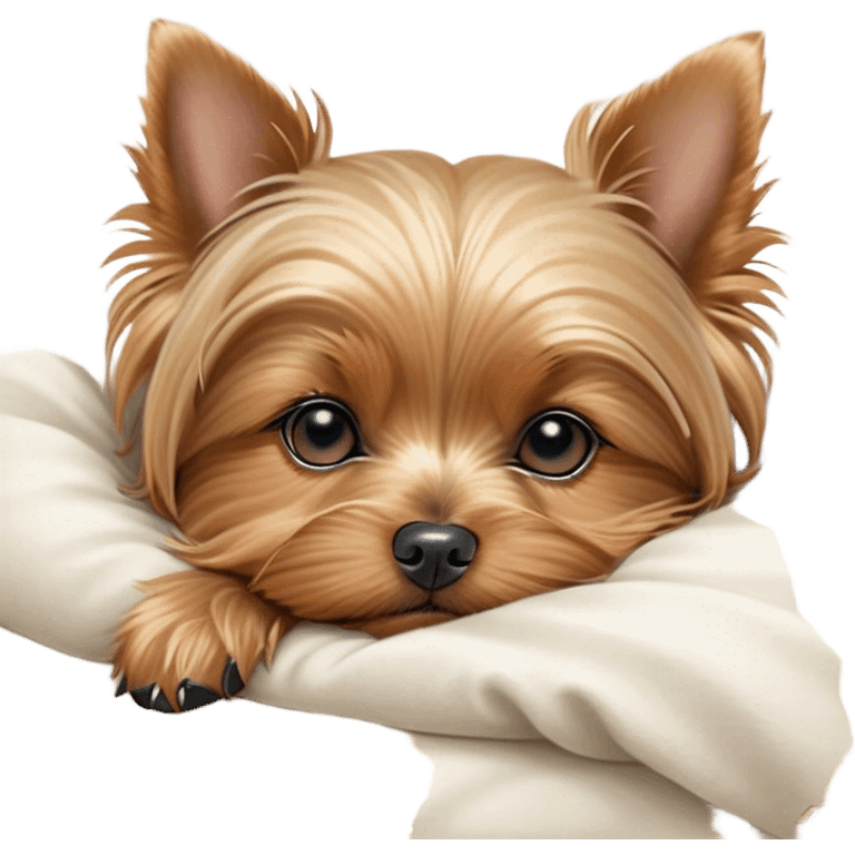 Meme-Worthy Cute Sleeping Yorkshire Terrier Portrait Emoji, Head resting gently with a peaceful, contented expression and softly closed, dreamy eyes, featuring a well-groomed, silky fur in rich hues, simplified yet irresistibly endearing, highly detailed, glowing with a gentle, drowsy radiance, high shine, exuding relaxed, heart-melting charm, styled with a soft glowing outline, capturing the essence of a sleeping Yorkshire Terrier that looks as if it could drift off into a sweet, meme-worthy slumber! emoji