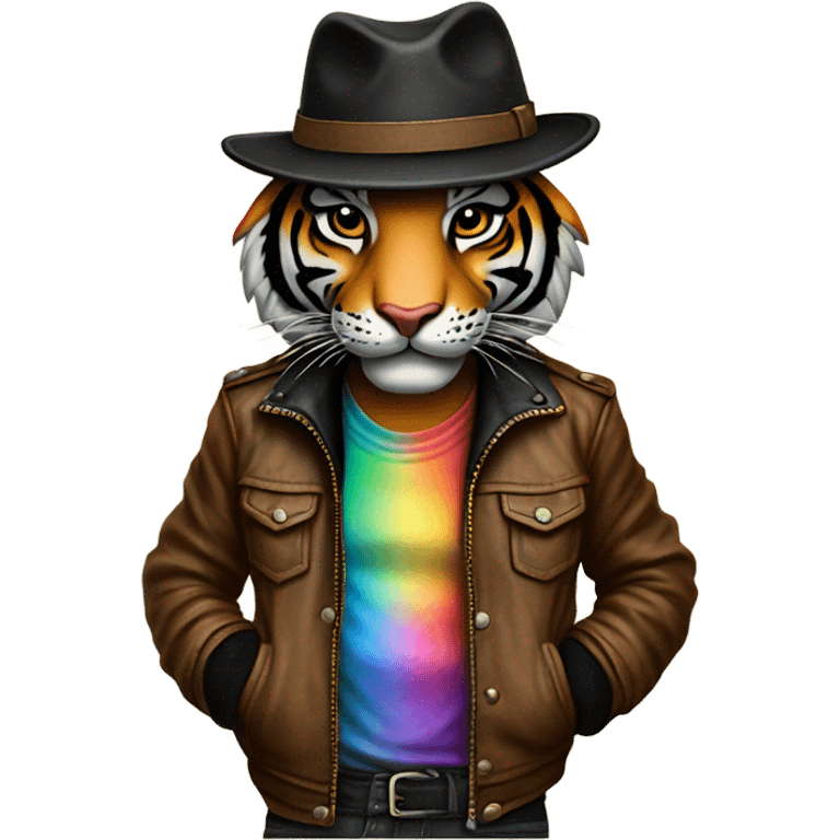 A tiger wearing a leather jacket and fedora with rainbow pajama pants and Black Lives Matter on his wrist as a tattoo emoji