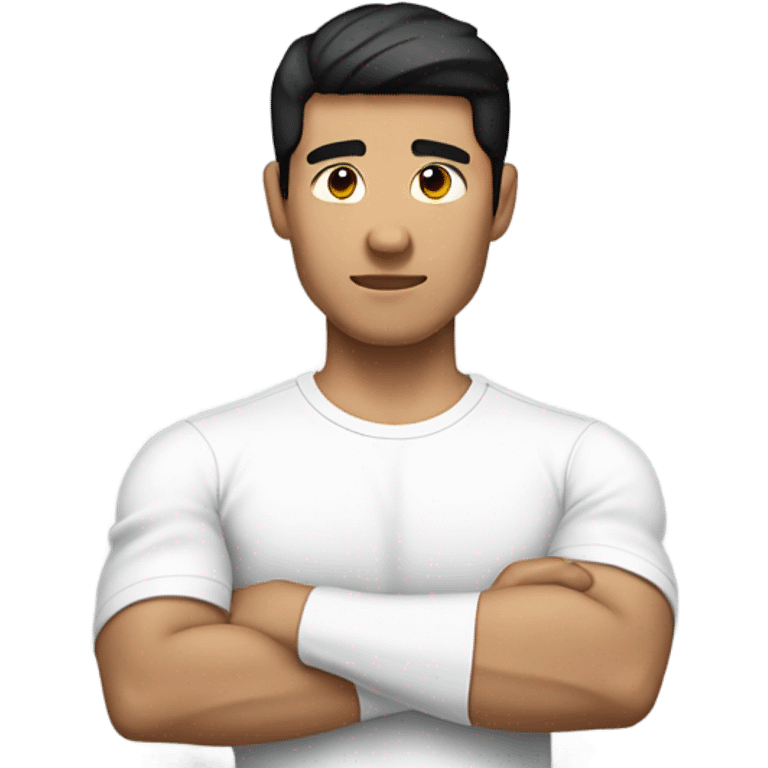 black-haired Asian man wearing a simple white shirt with folded sleeves while having a big biceps emoji