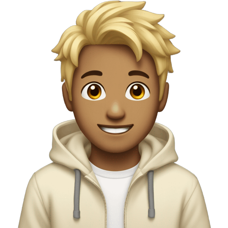 A young Asian man, blond messy hair that's shaved on the left hair, honey-brown eyes, cream-colored hoodie, smiling. emoji