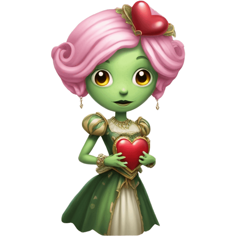 a green amazon alien woman in Victorian white gold, pink hair full body,holdig red big hearth emoji