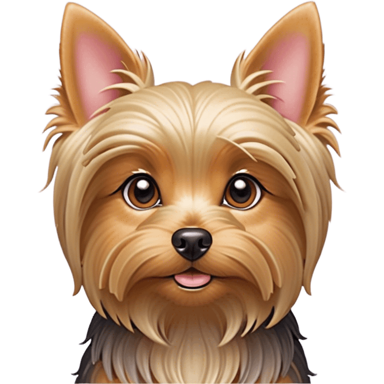 Cinematic Cute Yorkshire Terrier Portrait Emoji, Head perked with bright, twinkling eyes and a perky expression, showcasing a soft, silky fur in rich hues, simplified yet adorably detailed, glowing with a cheerful, inviting glow, high shine, exuding playful intelligence and spunky charm, styled with a gentle, whimsical outline, capturing the essence of a cute Yorkshire Terrier that appears ready to frolic off the screen with irresistible energy! emoji