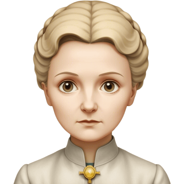 Cinematic Realistic Marie Curie Portrait Emoji, depicted as a pioneering scientist with a determined gaze in period attire, rendered with detailed textures and soft intellectual lighting that captures her groundbreaking legacy. emoji