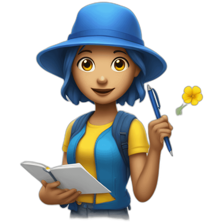 a girl in a blue hat with a yellow mallow holds a pen and a notebook in her hand emoji