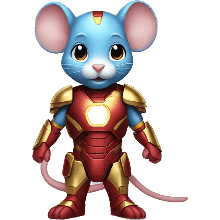 A cute mouse wearing an Iron Man suit with red and gold armor, glowing blue accents, and a confident pose. emoji