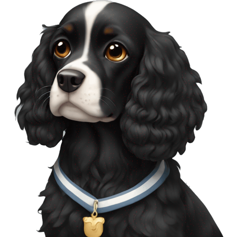 Small completely black king spaniel with white stripe on chest emoji