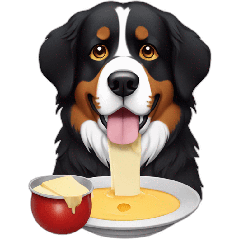 Bernese mountain dog eating a cheese fondue emoji