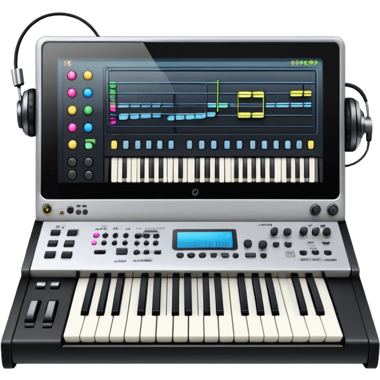 Create a professional and artistic emoji that represents writing music tracks. The design should feature a large monitor displaying musical notes or a score, positioned in front of a professional Korg synthesizer. Add elements like studio headphones, a MIDI keyboard, and an audio interface to symbolize the tools used in music production. Use sleek, modern colors like silver, black, and neon accents to convey the professional environment of music composition. The background should be transparent. emoji