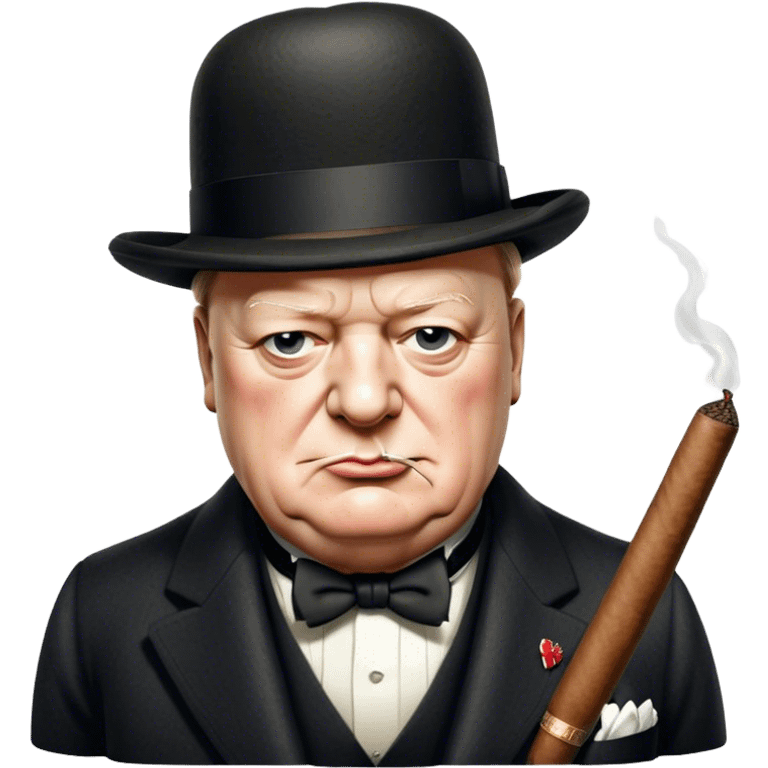 Cinematic Realistic Winston Churchill Portrait Emoji, depicted as a resolute British statesman with a signature bowler hat and a cigar, exuding determined leadership and wartime valor, rendered with lifelike textures and dramatic vintage lighting that captures his iconic British spirit. emoji