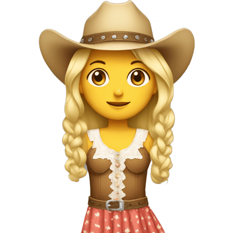 blonde girl wearing a cowgirl hat with a sun dress on. emoji