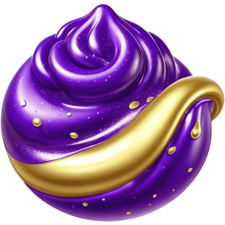 Cinematic Realistic Shiny Slime Mixed with Glitter, thick and glossy with swirling metallic flecks suspended inside, a dynamic mix of deep purple and golden sparkles, light catching every shimmer, flowing smoothly with realistic folds and ripples, glowing with an enchanting, almost liquid-metal effect. emoji