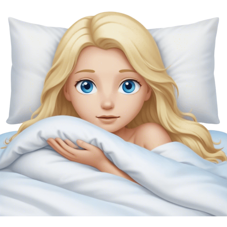 Cinematic realistic blonde with long hair, blue eyes and delicate features, lying in a cozy, soft bed, covered with a white duvet emoji