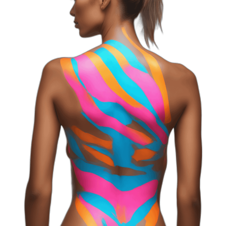 Sexy Neon sign shows fitness model in striped body paint from behind emoji