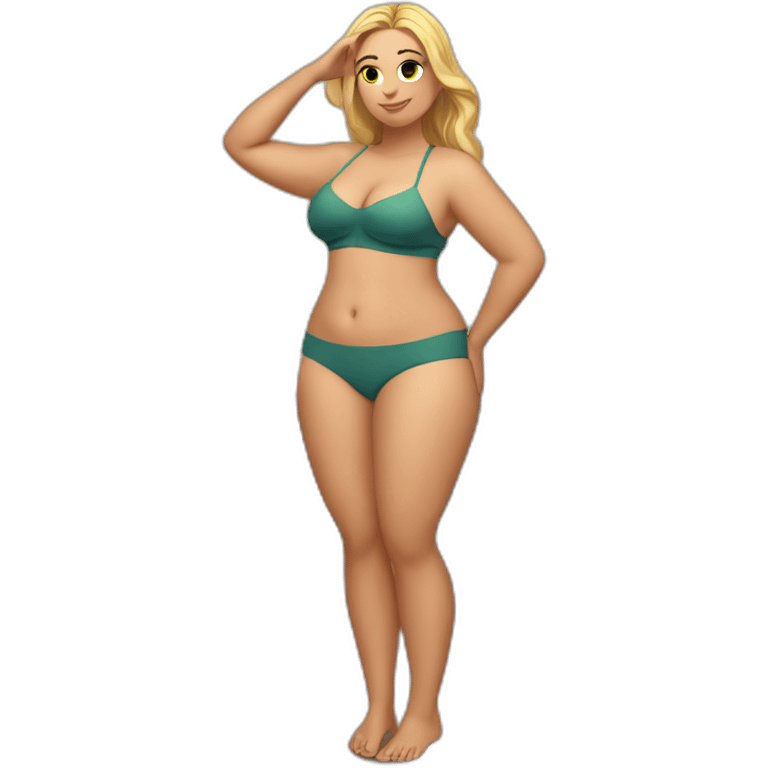 Slim-thicc Caucasian woman small panties hands-in-hair pose (beach body) full body emoji