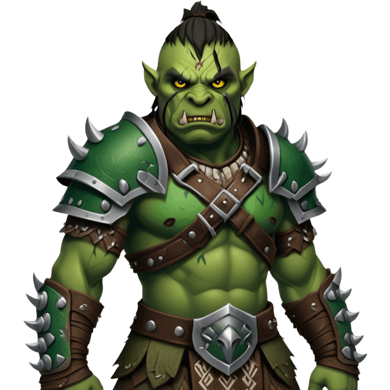 Cinematic Realistic WoW Orc Warrior Portrait, captured in a dynamic, battle-ready stance, muscles bulging beneath intricately detailed tribal armor accented with dark leather and iron. His fierce, determined eyes and battle-scarred green skin are rendered with dramatic natural lighting and high shine, exuding raw, relentless fury in a fierce combat pose. emoji