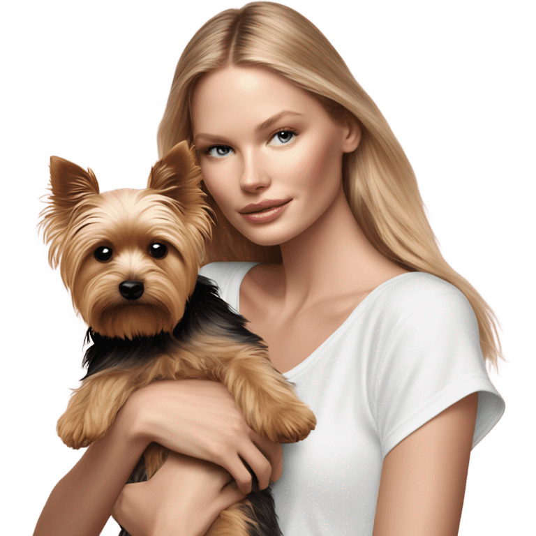 Photo Real pale Victoria secret model cuddling a Yorkshire terrier  emoji