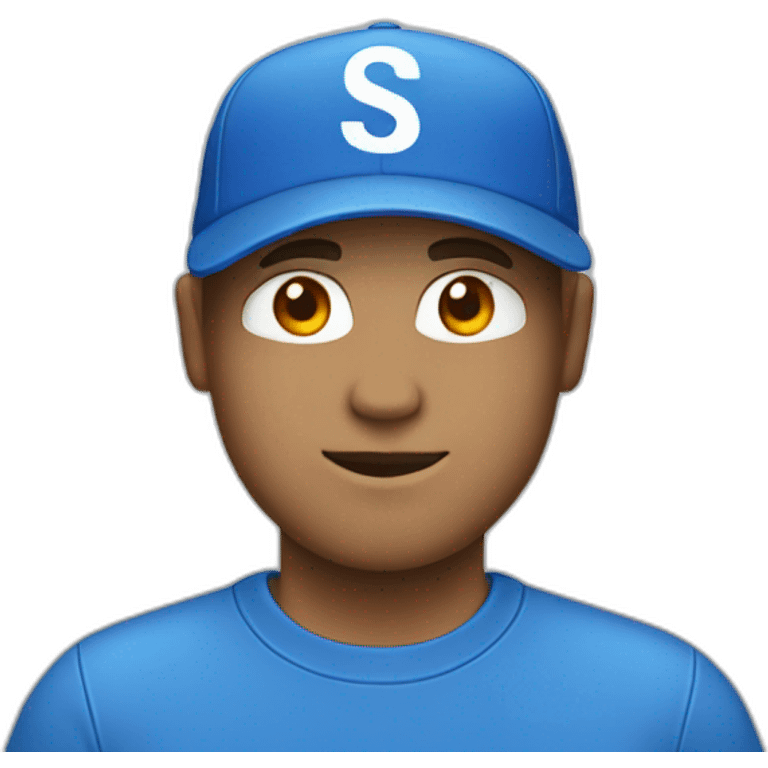 A white men who have a blue cap with letters "SK" and he have a blue shirt emoji