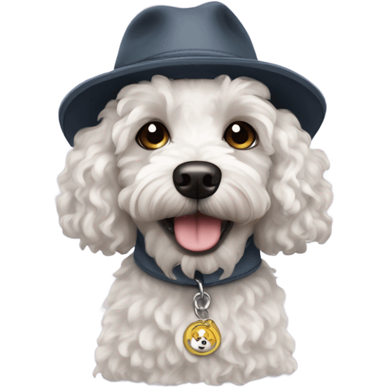 A white curly haired dog / cavapoo wearing chav clothing  emoji