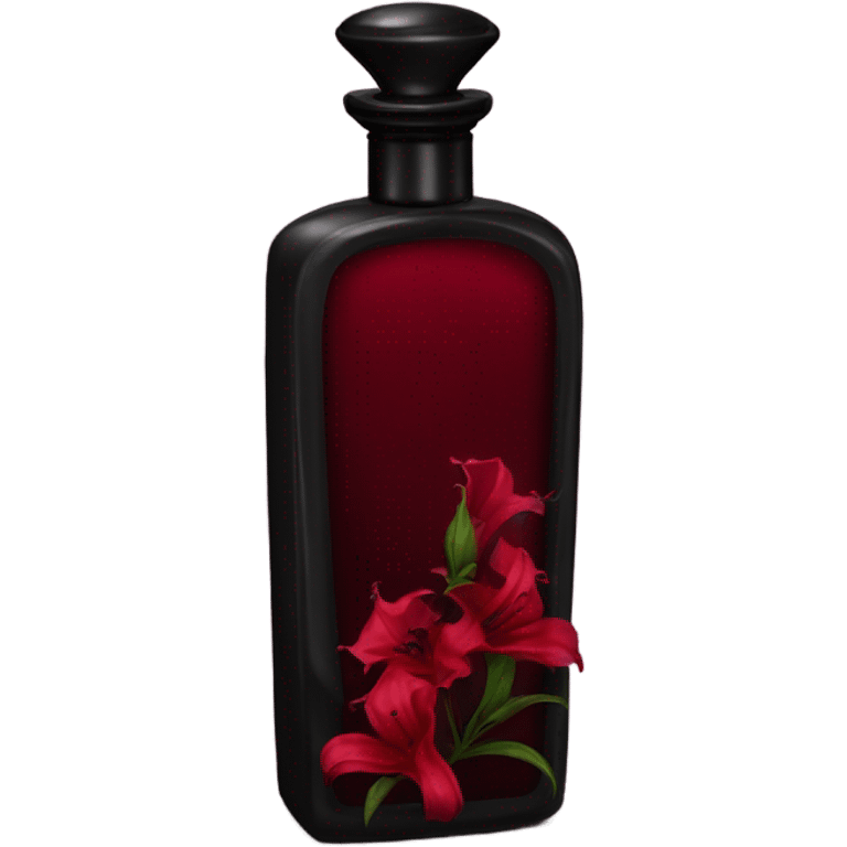 Dark red gothic perfume bottle with red bellflowers and a black ribbon emoji