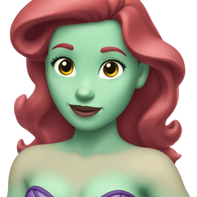 Ariel the little mermaid with pale skin. She has blue eyes. She has a green tail. She has a purple bikini top. She has bright red wavy hair. emoji