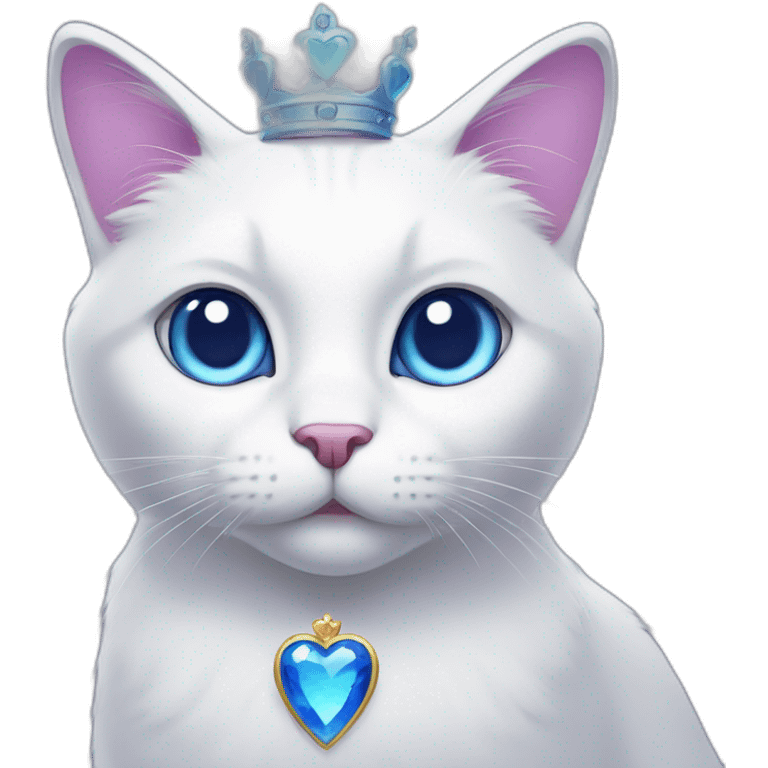 white cat with blue eyes, a purple heart and a crown on her head emoji