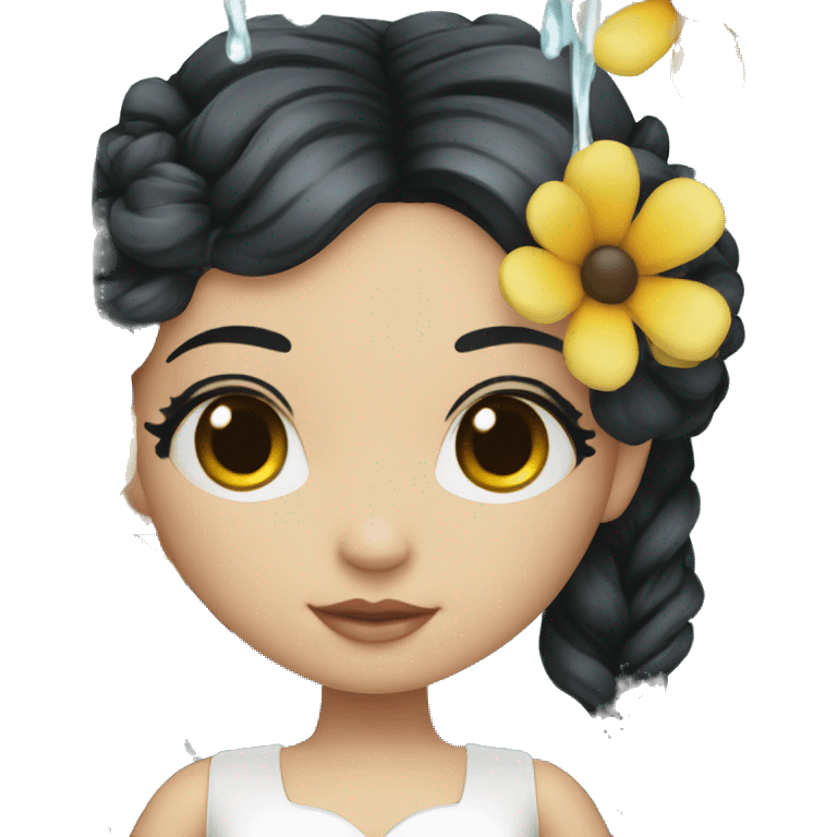 Pretty young Lady doll with black hair flowers in hair white dress surrounded by flowing water emoji