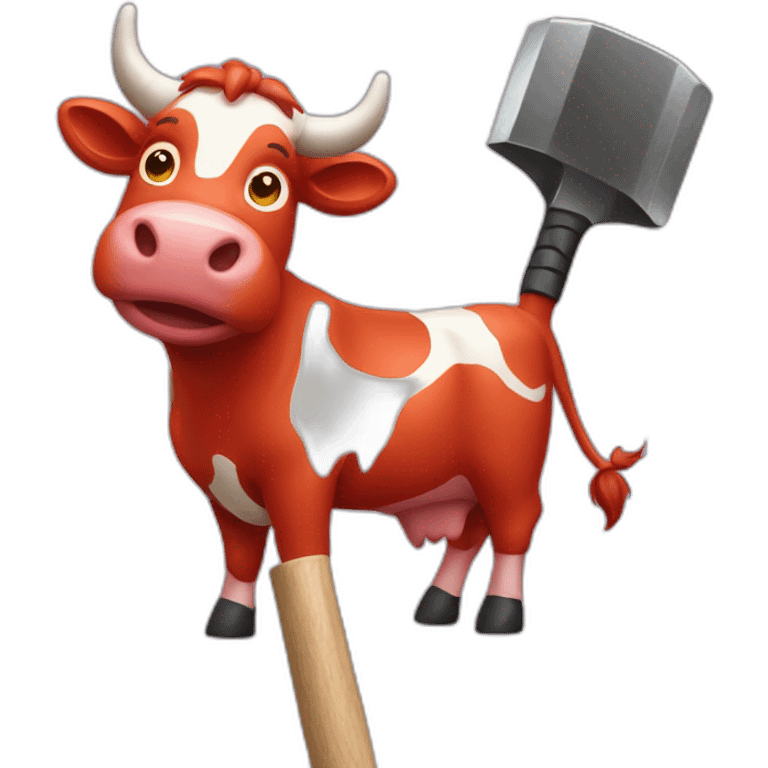 red cow waving both pan and inflatable hammer emoji