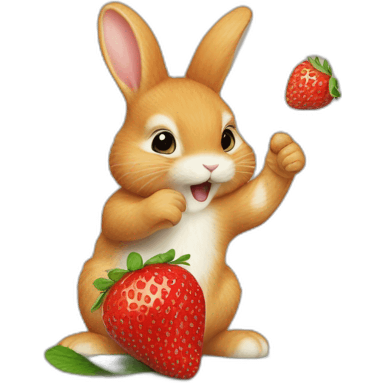 A little ginger bunny reaching up to eat a strawberry off a small teee emoji