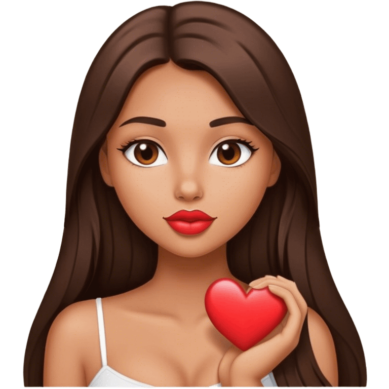 tanned beautiful girl with pump lips and brunette straight long hair showing heart emoji